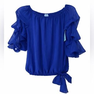 CeCe Off Shoulder Blouse cobalt blue sheer ruffled size S NWT